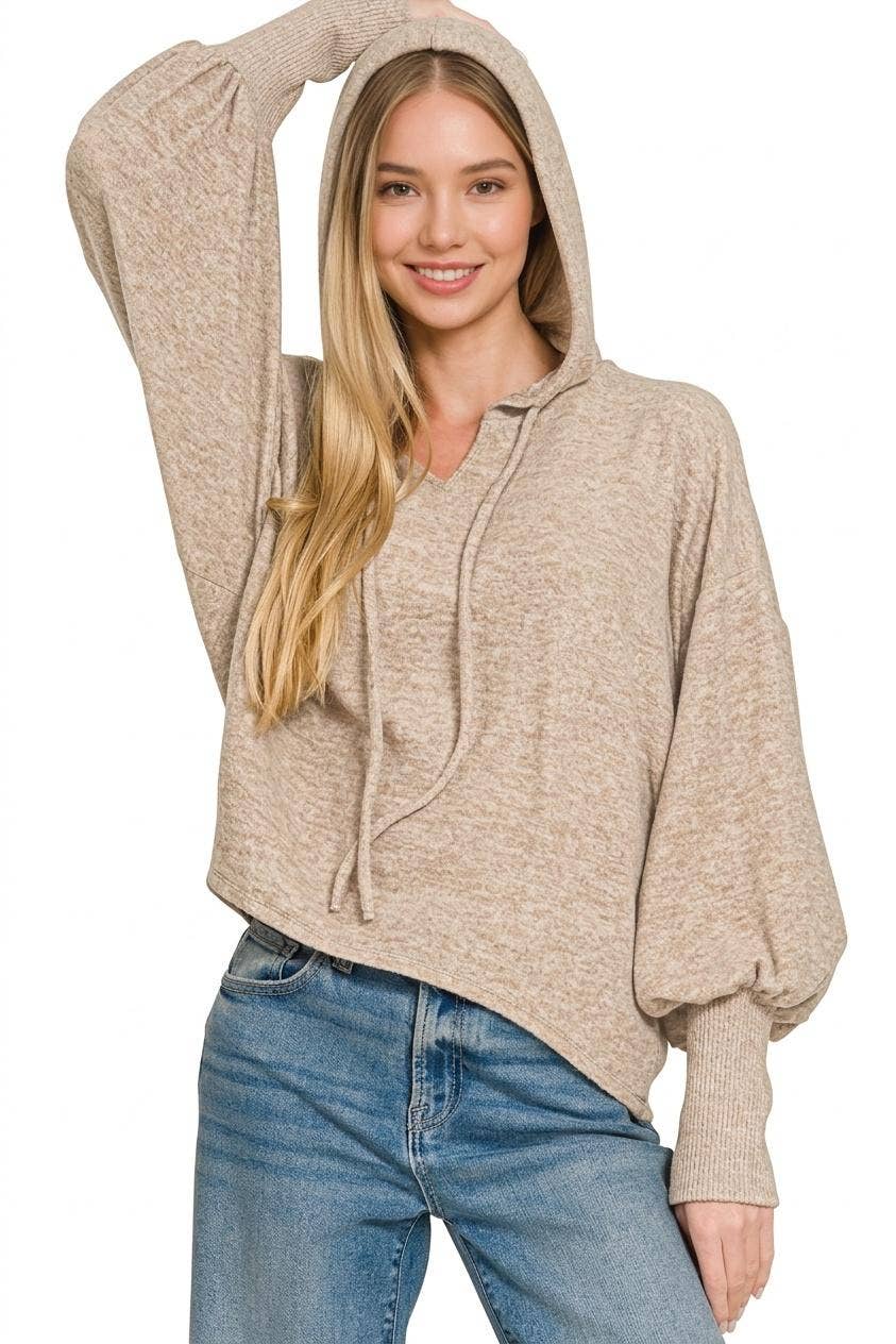 Soft Brushed Hacci Cropped Balloon Sleeve Hoodie Zenana