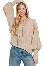 Soft Brushed Hacci Cropped Balloon Sleeve Hoodie Zenana