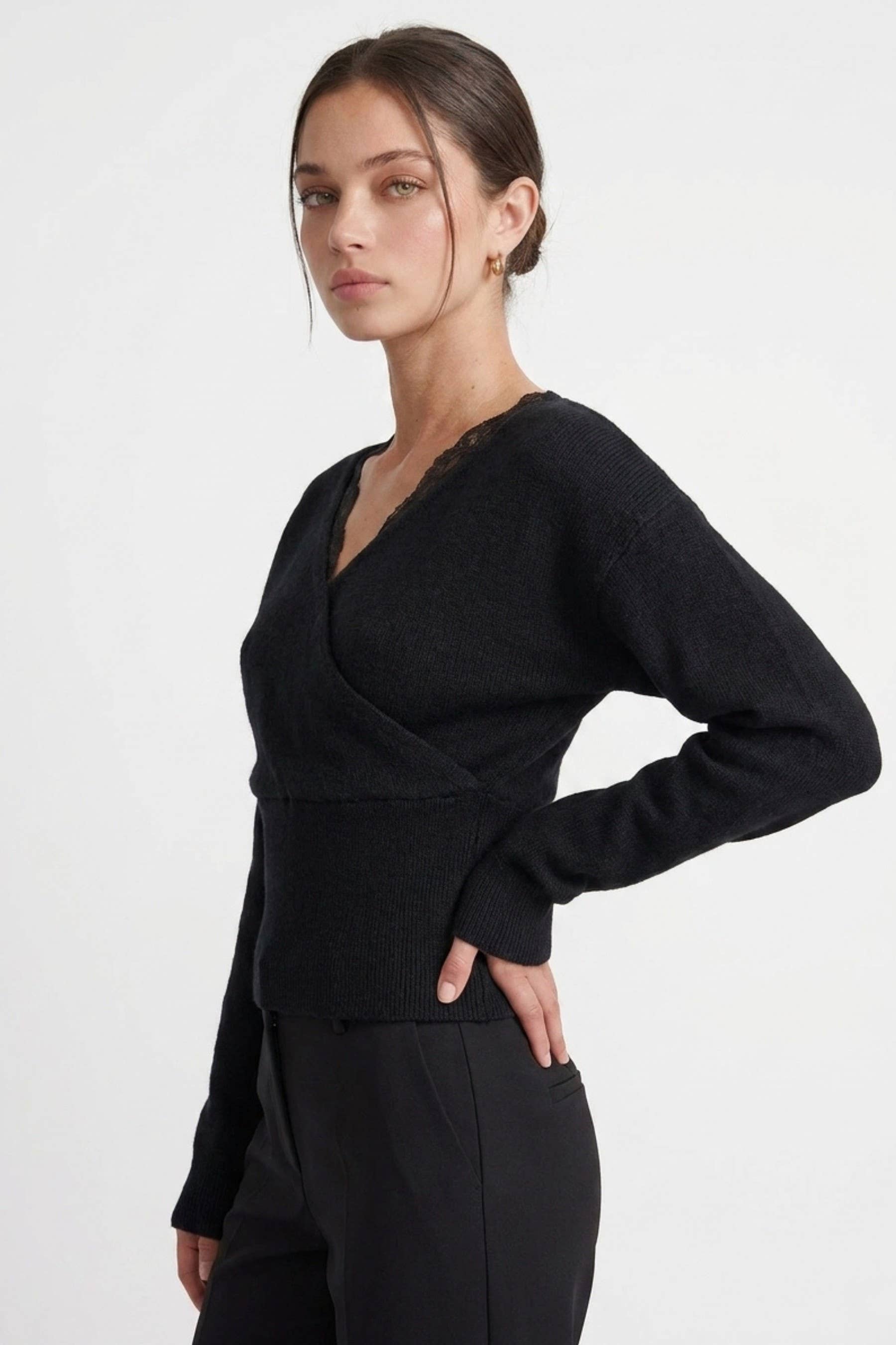 Lace-trim Faux-wrap Knit Sweater
