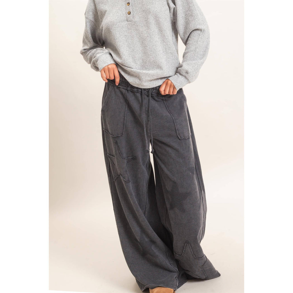 Mineral Wash Star Patch And Print Wide Leg Pants