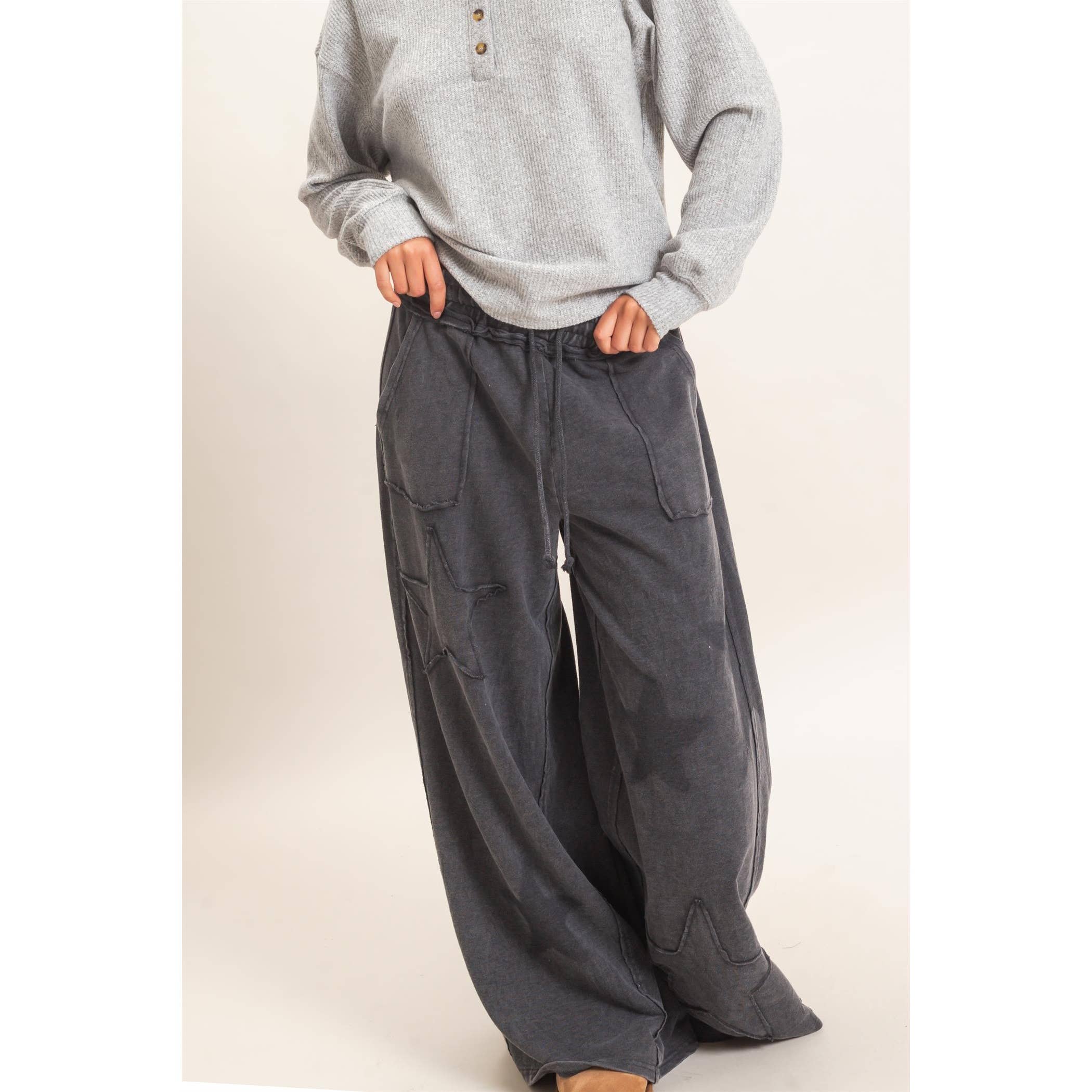 Mineral Wash Star Patch And Print Wide Leg Pants