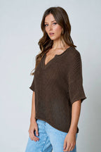 SPLIT NECK SHORT SLEEVE SHEER CROCHET KNIT TOP (PRE-ORDER)