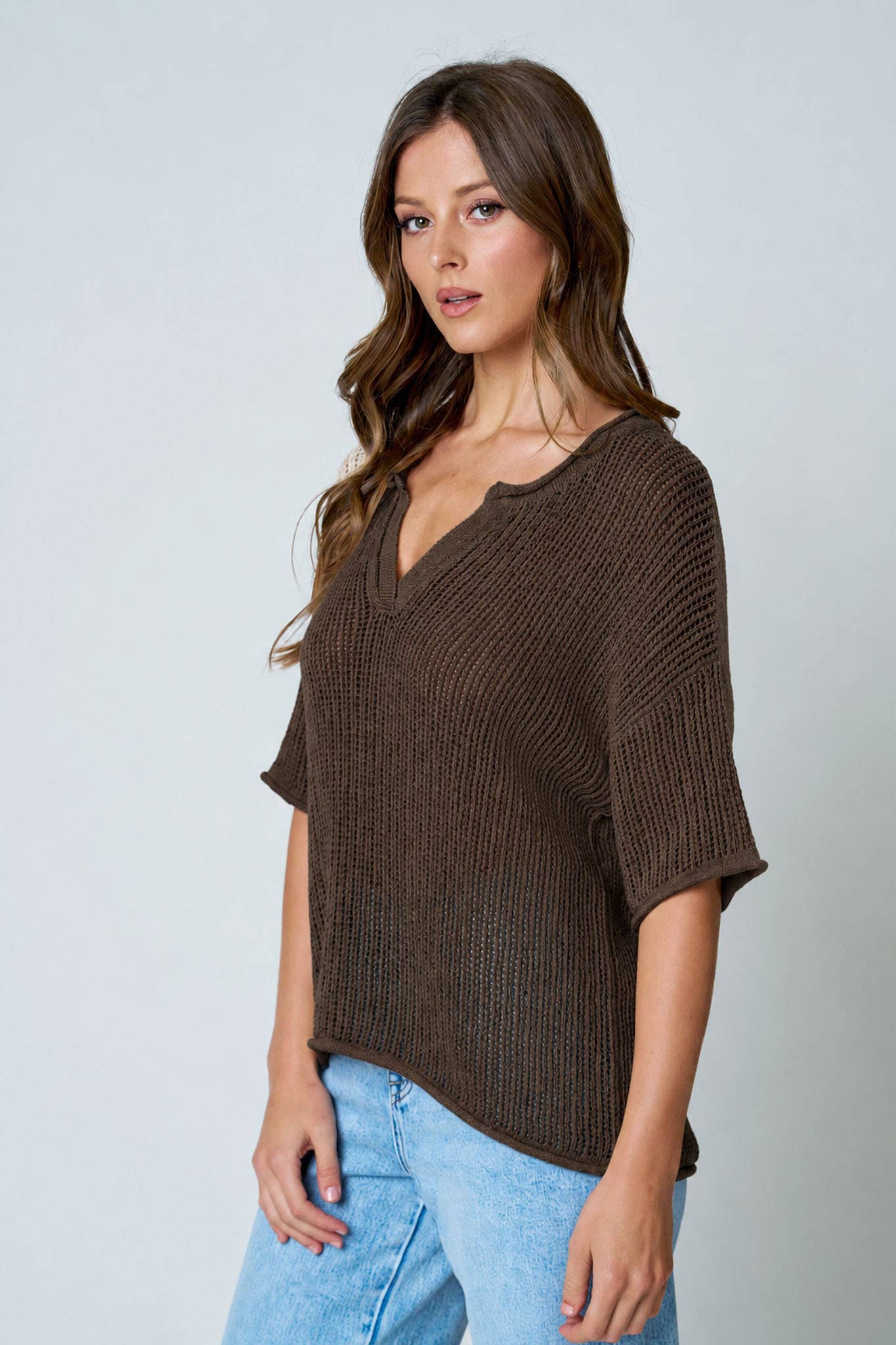 SPLIT NECK SHORT SLEEVE SHEER CROCHET KNIT TOP (PRE-ORDER)