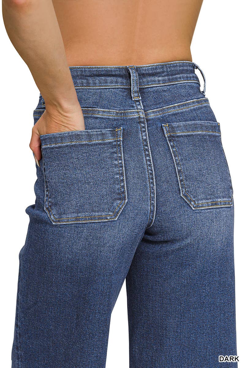 High Rise Wide Leg Pintuck Denim Pants Zenana