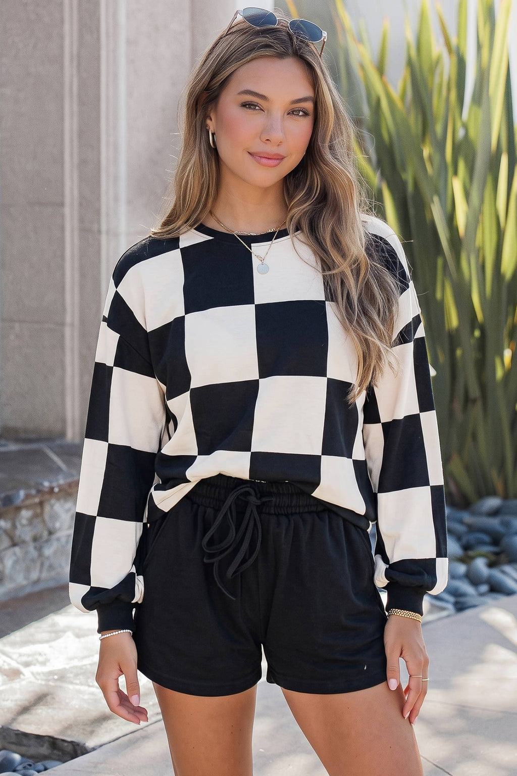 Plaid Long Sleeve Two Piece Set Silhouette Pantsuit S-4X