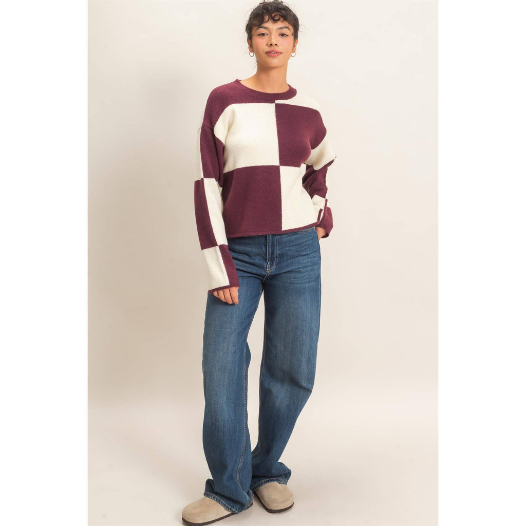 Crew Neck Checkered Sweater