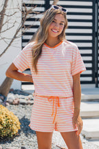 Contrast Neck Loose Tee and Drawstring Shorts Set