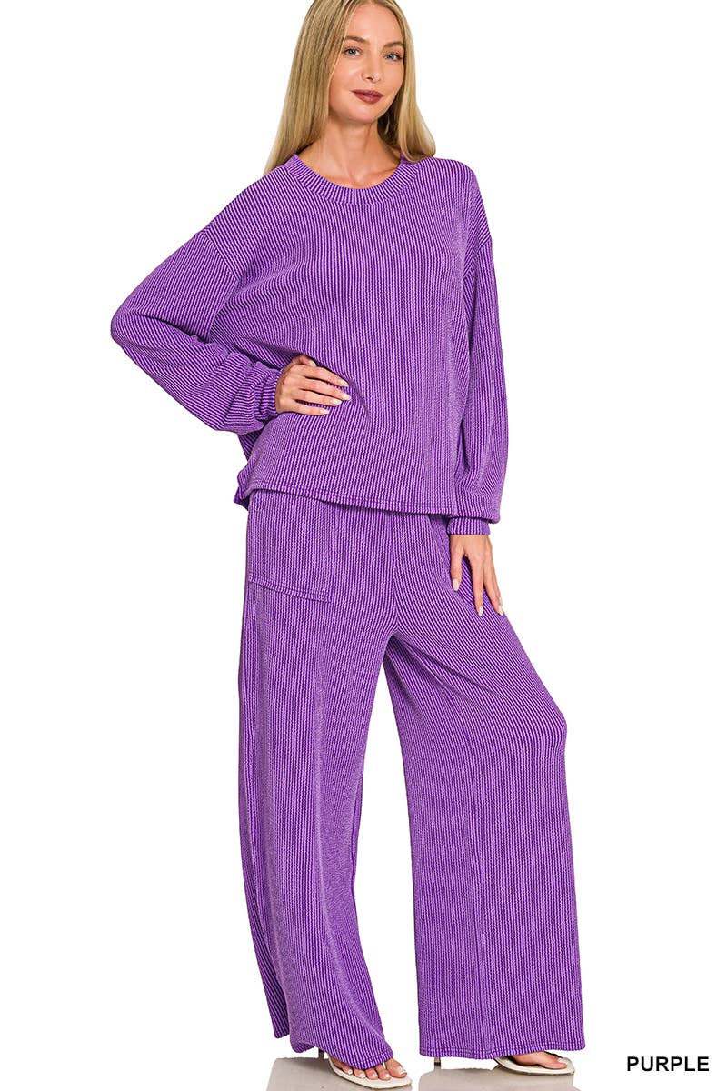 Raised Rib Round Neck Pullover & Pants 2PC Set