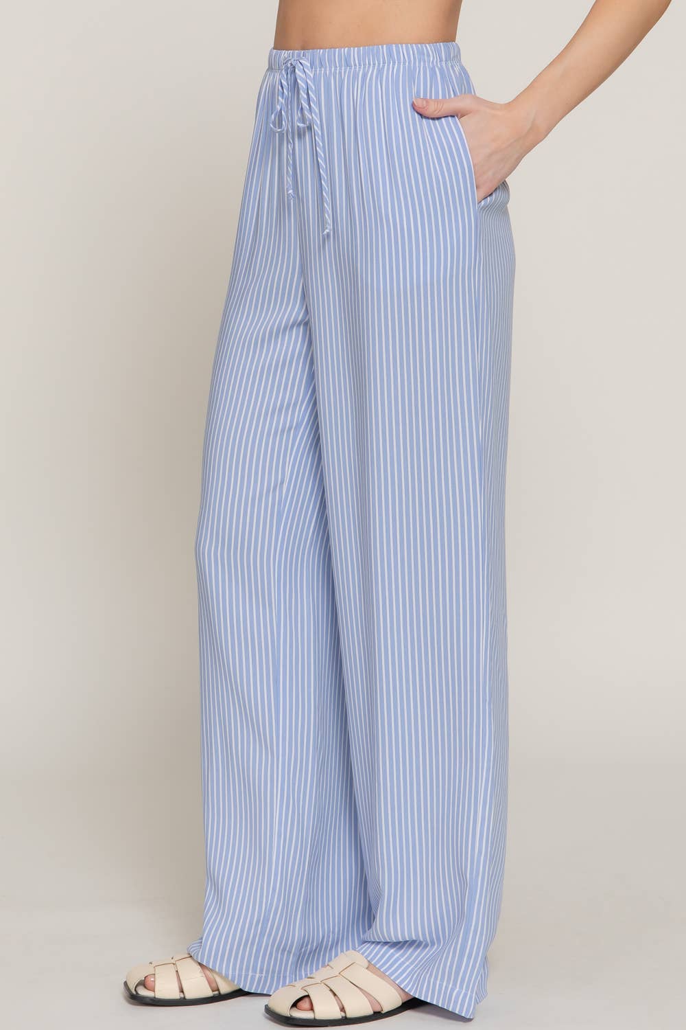Waist Band with String Stripe Print Woven Pants
