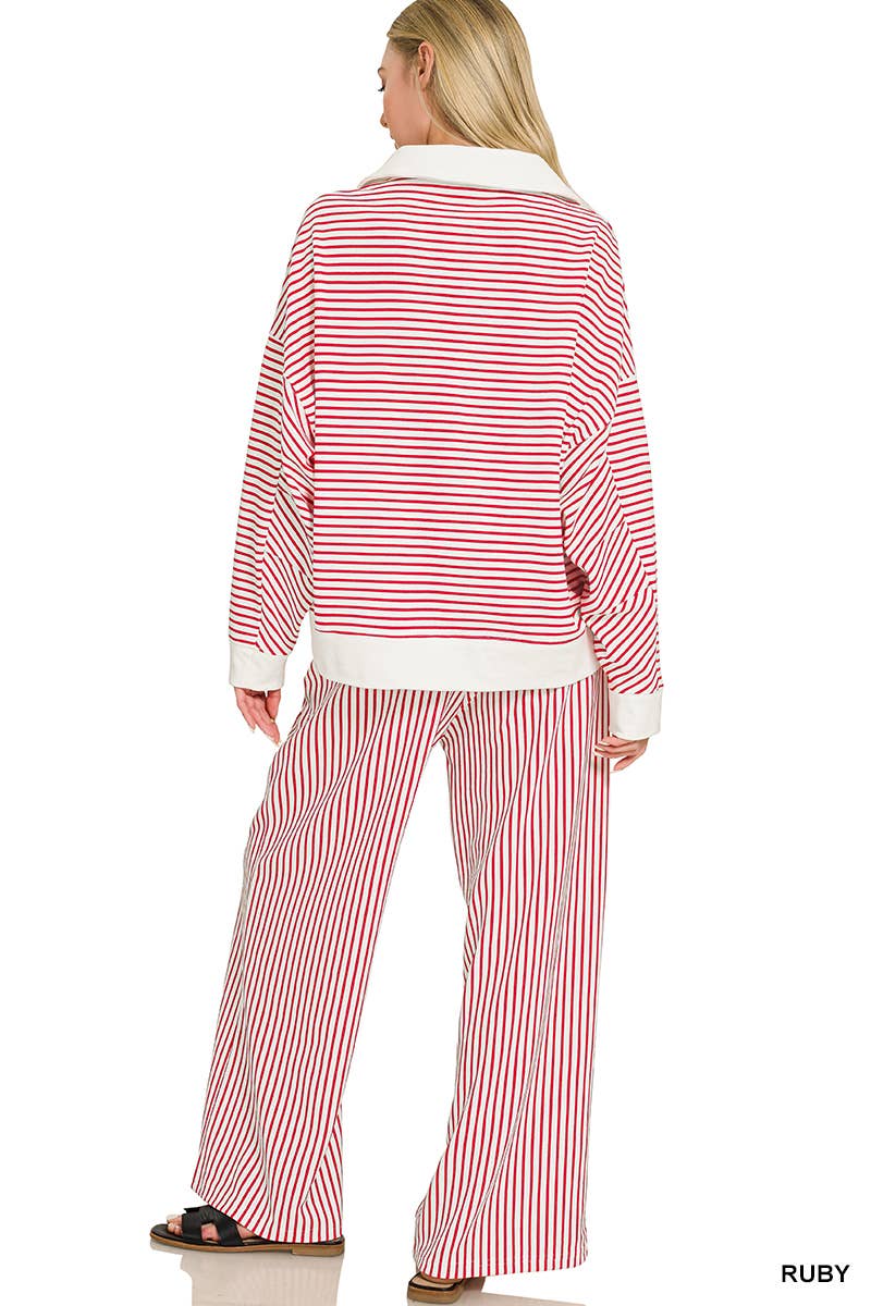 Striped Split Neck Oversized Collared Top & Pants 2PC Set