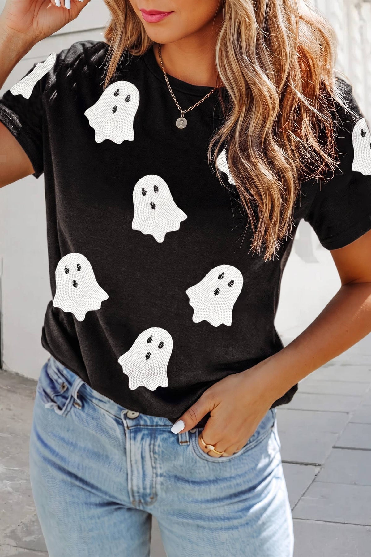 Sequin Halloween Ghost Graphic T Shirt | S-3XL