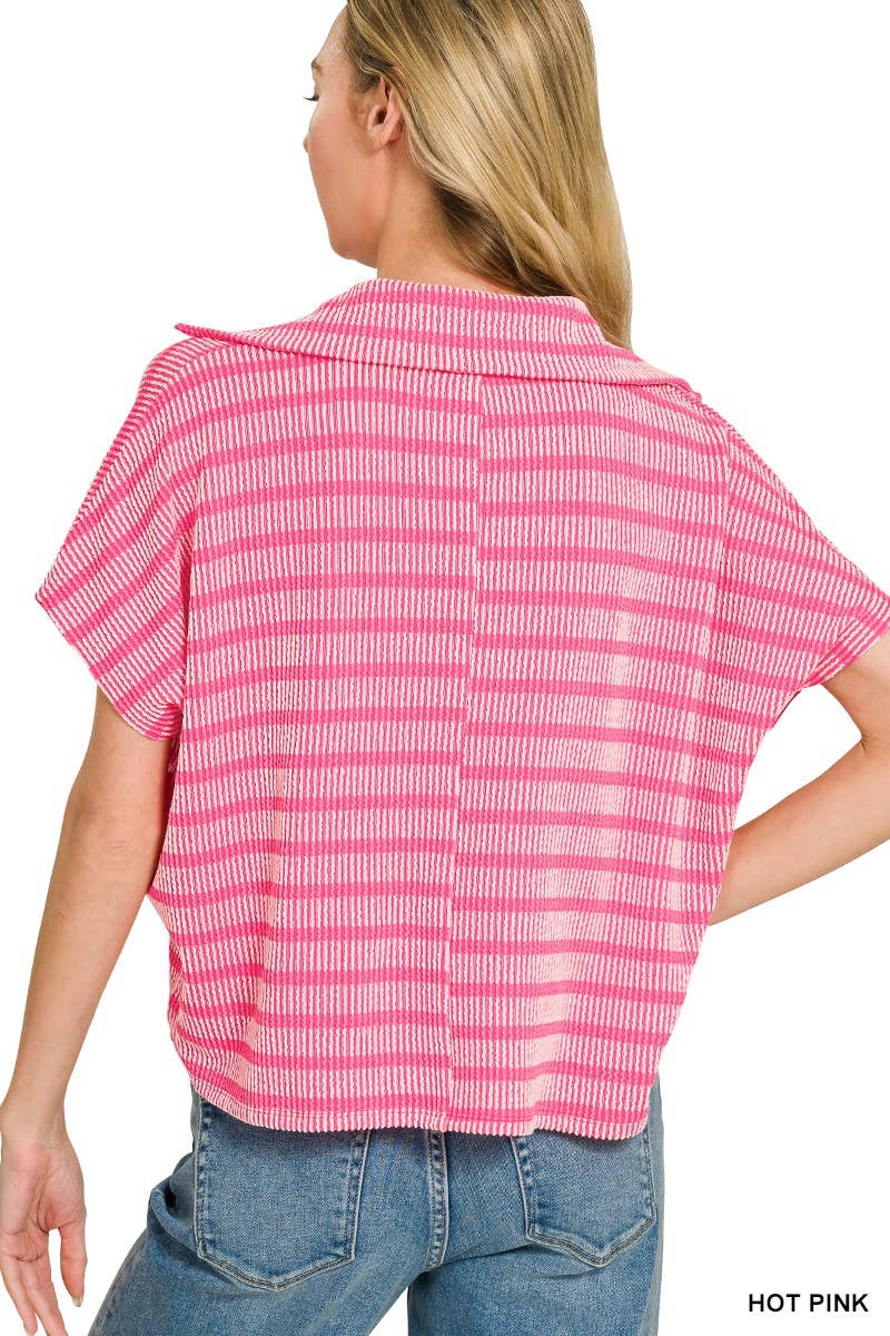 Raised Rib Striped Collared Top