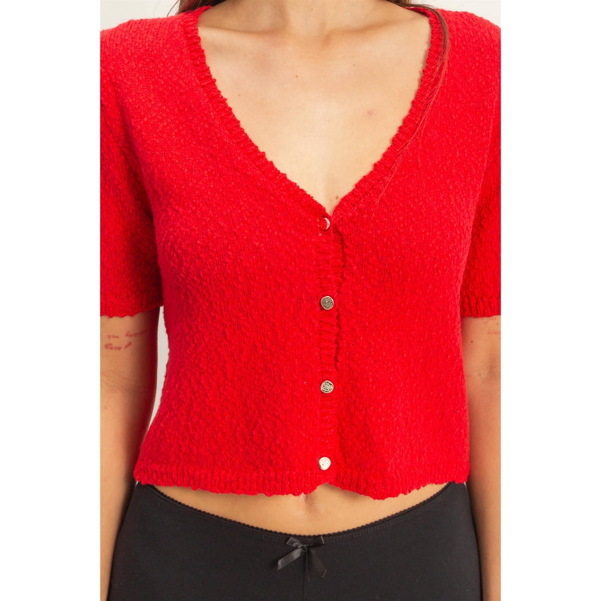 V-Neck Cropped Button Cardigan
