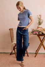 POLKA DOT RUFFLED SHORT SLEEVES SWEATER KNIT TOP