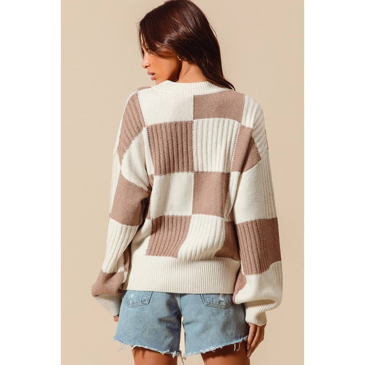 CHECKERED BUTTON FRONT TEXTURED SWEATER CARDIGAN