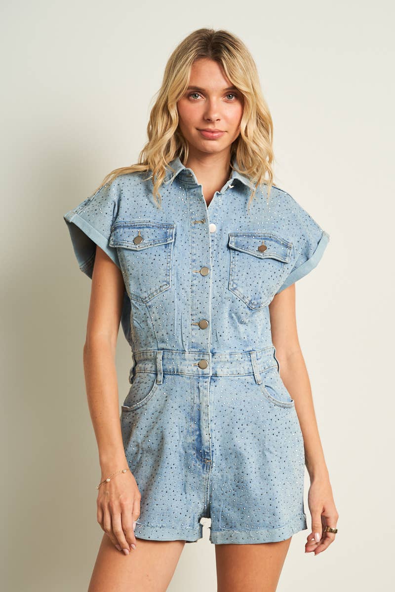 70047-RHINE STONE DETAILED DENIM ROMPER