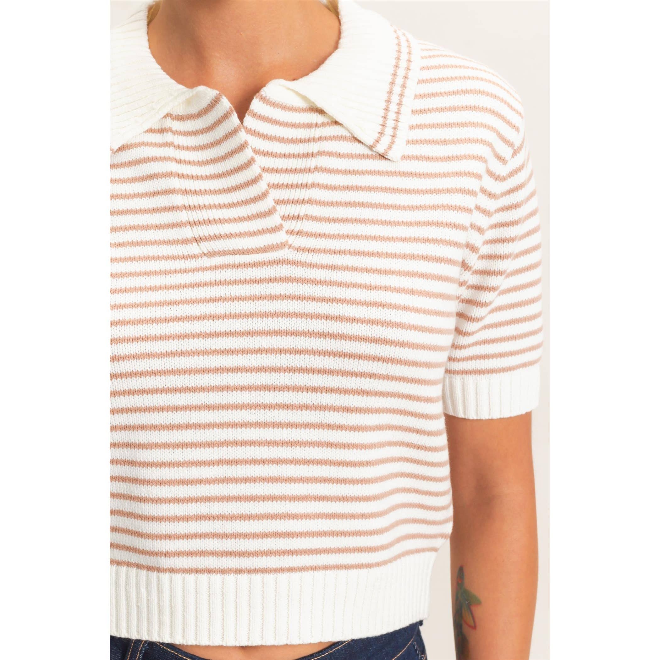 Striped Short Sleeve Collar Knit Top