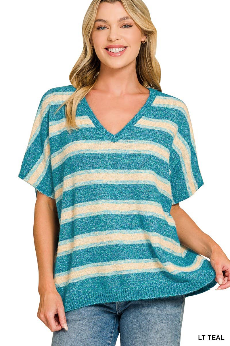 Wool Blend Stripe V-neck Boxy Sweater