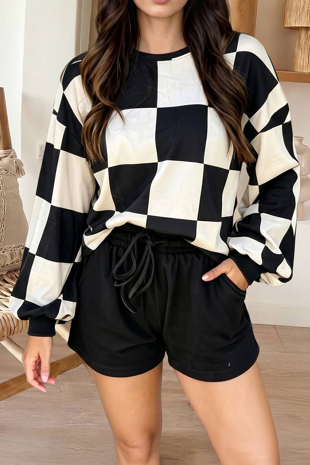 Checkerboard Long Sleeve Pullover Top Shorts Set (S-XL)