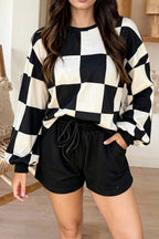 Checkerboard Long Sleeve Pullover Top Shorts Set (S-XL)