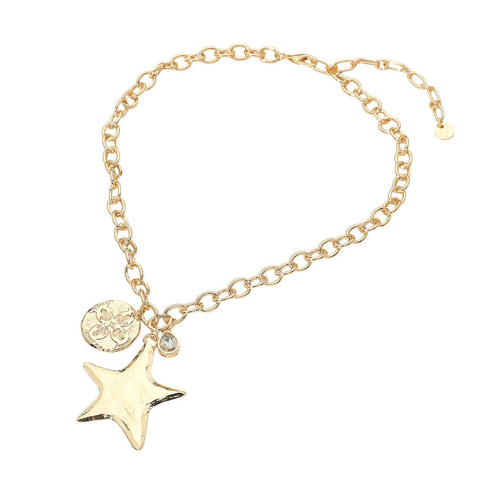 Hammered Metal Star Clover Coin Teardrop Stone Charm Pendant Necklace