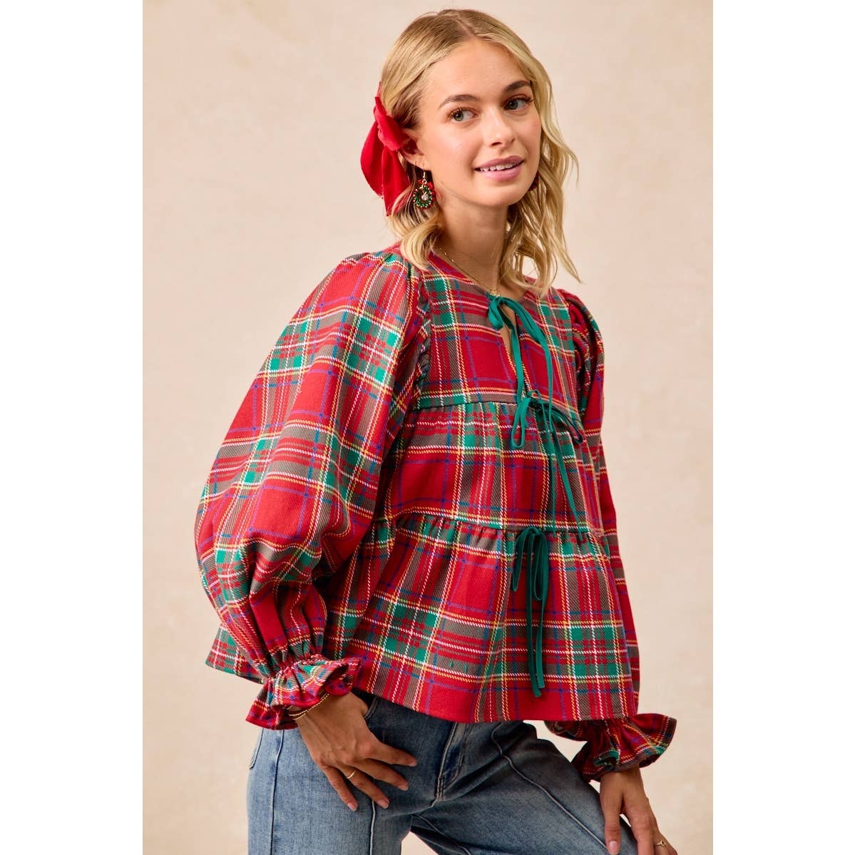 CHRISTMAS PLAID TOP WITH FRONT BOW TIED DETAILS