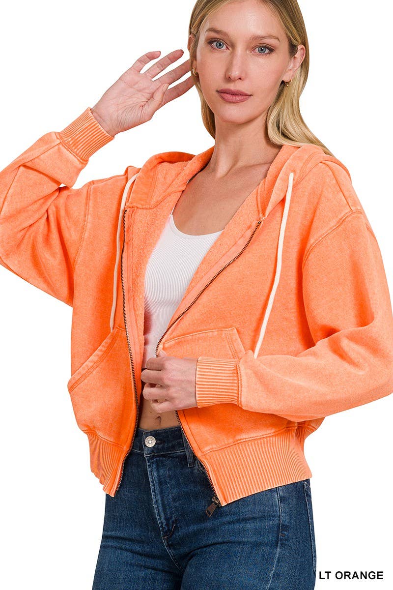 Acid Wash Fleece Cropped Zip-up Hoodie W Pockets