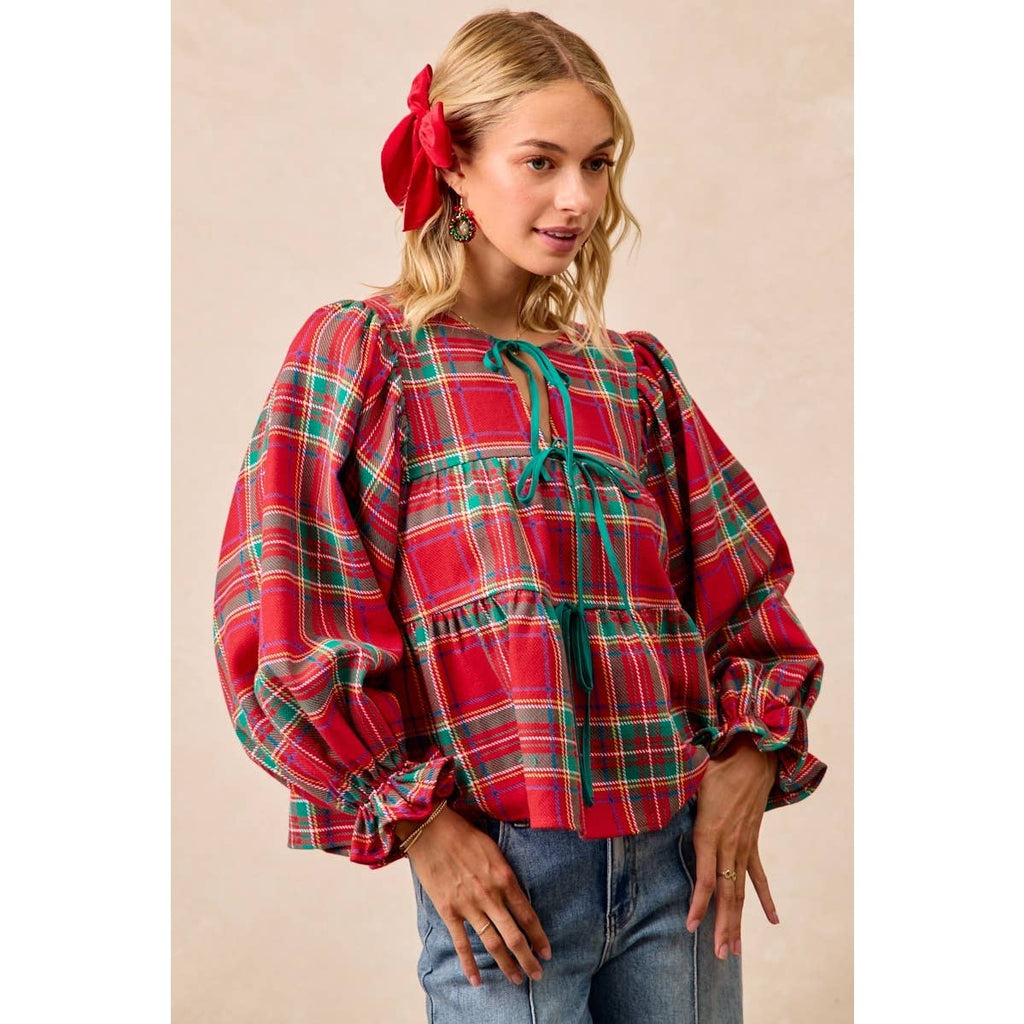 CHRISTMAS PLAID TOP WITH FRONT BOW TIED DETAILS
