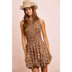 LEOPARD BOW TIE ATTACHABLE PUFF SLEEVES DRESS