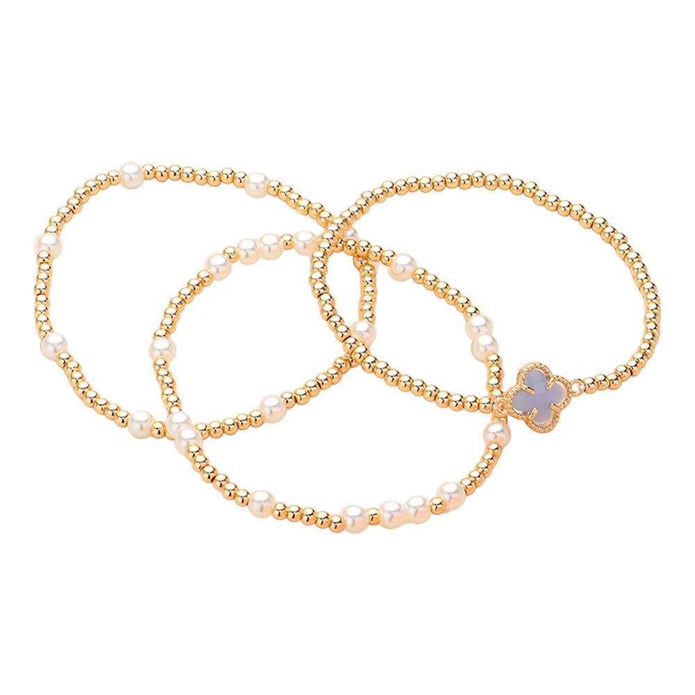 3PCS - Quatrefoil Pearl Metal Ball Beaded Stretch Bracelets