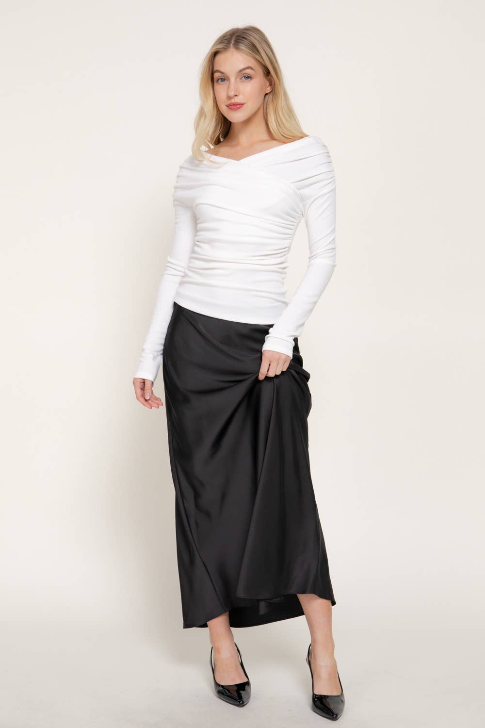 Long Sleeve Wrap Neckline Draped Detail Straight Knit Top