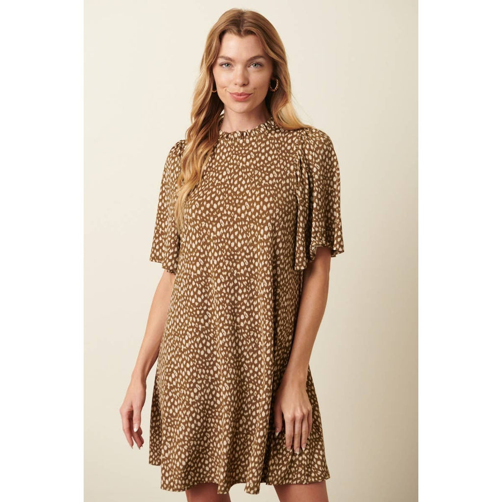 ANIMAL PRINT RUFFLE MOCK NECK MINI DRESS