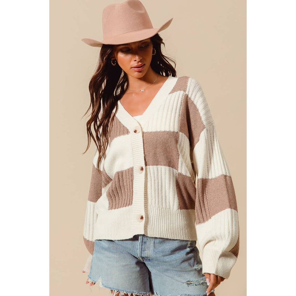 CHECKERED BUTTON FRONT TEXTURED SWEATER CARDIGAN