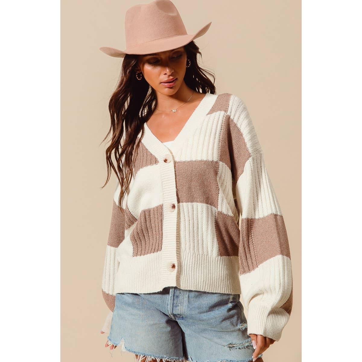 CHECKERED BUTTON FRONT TEXTURED SWEATER CARDIGAN