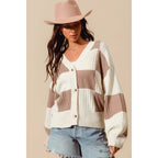 CHECKERED BUTTON FRONT TEXTURED SWEATER CARDIGAN