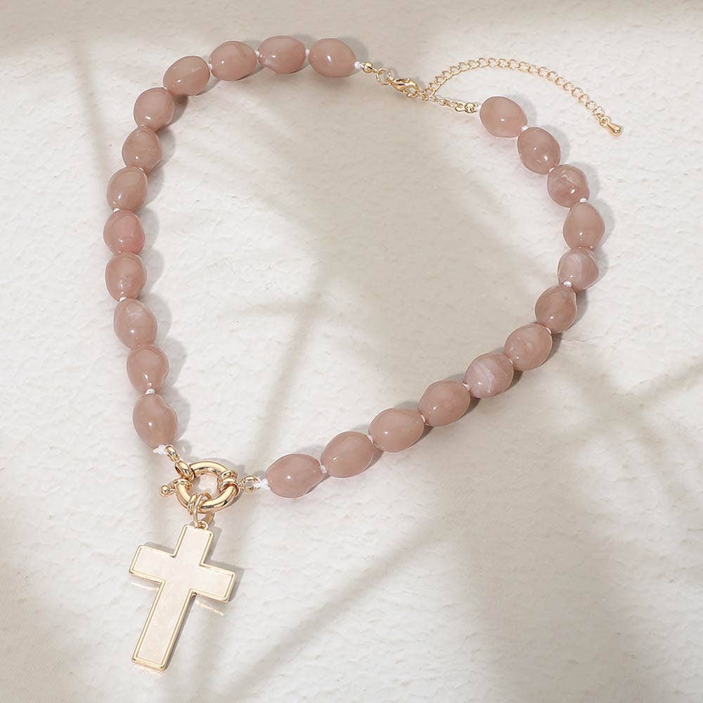 Mother of Pearl Cross Toggle Pendant Beaded Necklace