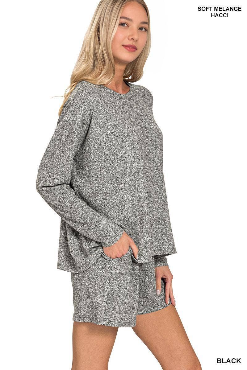 Soft Melange Long Sleeve Tee & Shorts Loungewear Set-Zenana