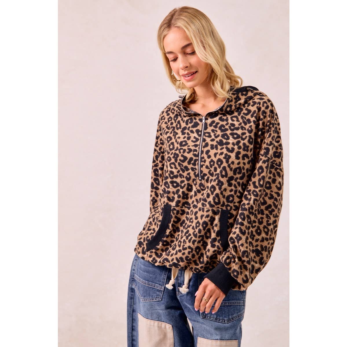 LEOPARD PRINT WAFFLE HALF ZIP UP HOODIE W POCKET