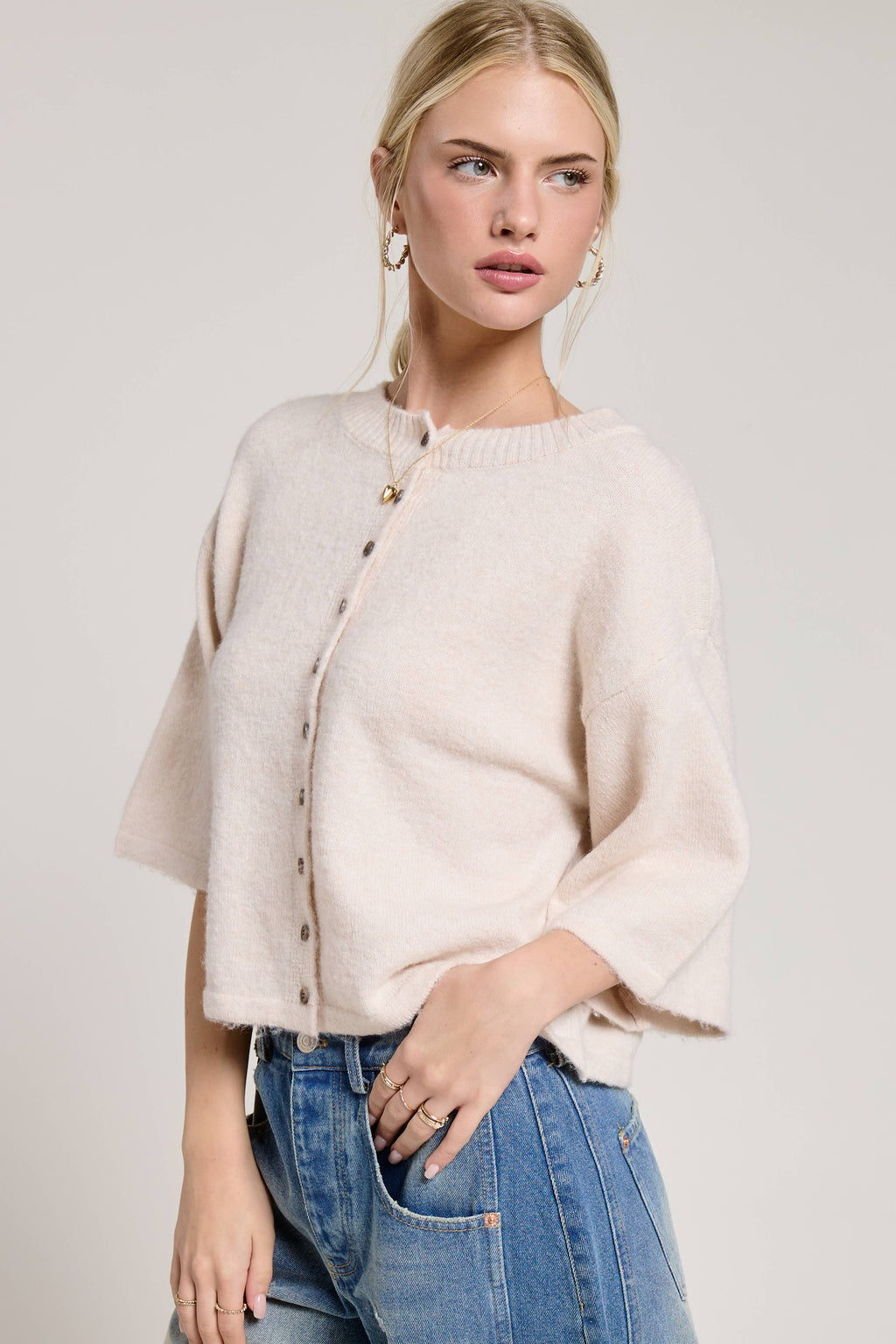 Wide Sleeve Button Front Knit Cardigan