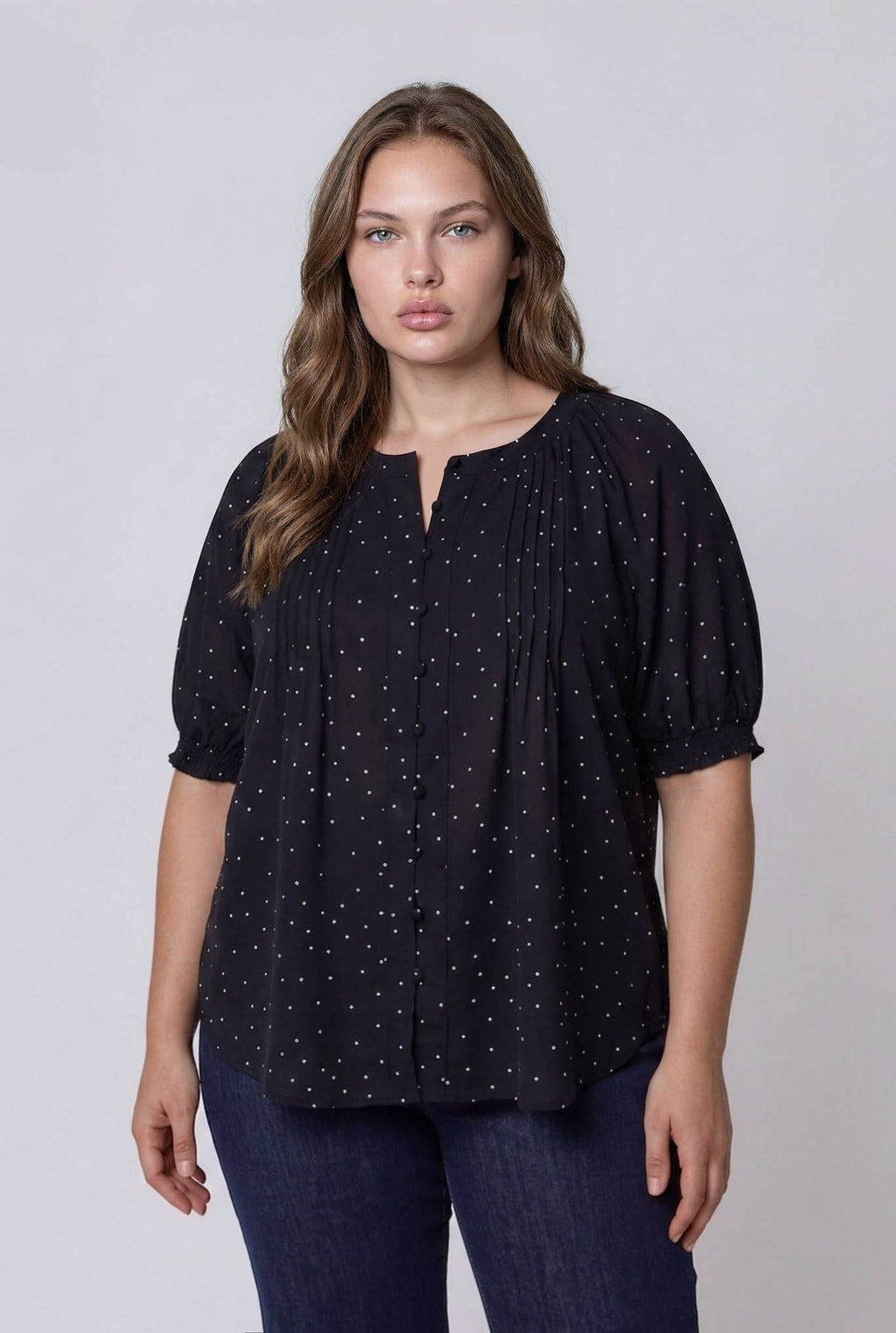 PLUS PINTUCK POLKA DOT BUTTON DOWN PUFF SLEEVE TOP