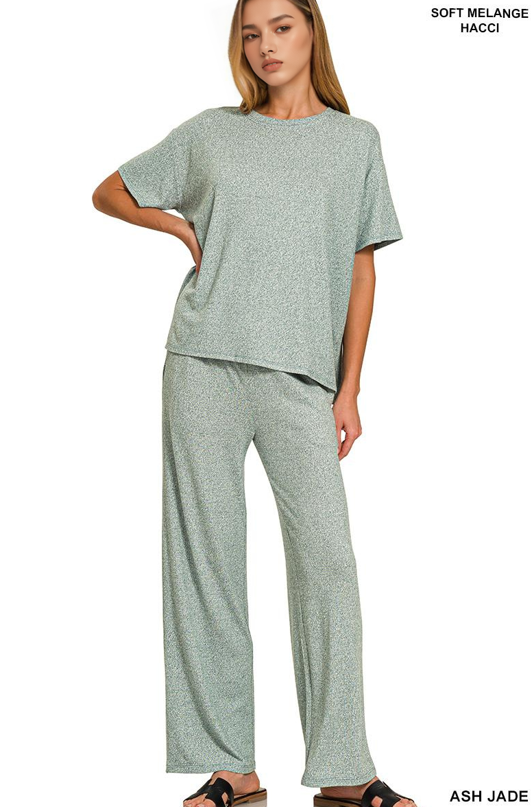 Soft Melange Short Sleeve Tee & Long Pants Set - Zenana