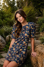 FLORAL PUFF SLEEVE SEAM DETAIL DENIM MINI DRESS
