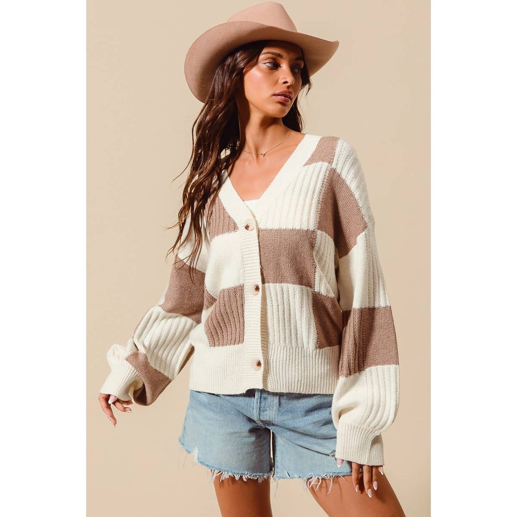 CHECKERED BUTTON FRONT TEXTURED SWEATER CARDIGAN
