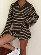 Striped Polo Lounge Set Resort Textured Collared Oversized