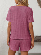 Solid Color Ribbed Short-Sleeve Pajama Loungewear Set