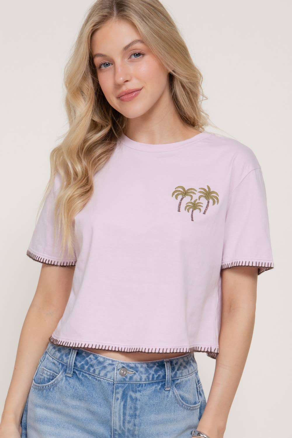 Short Sleeve Round Neck Embroidery Detail Cotton Jersey Top