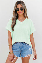 Waffle Texture V Neck Short Sleeve Knit Top | S-XL