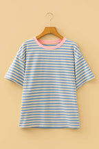 PRETTY BASH Stripe Contrast Crew Neck Drop Shoulder Tee