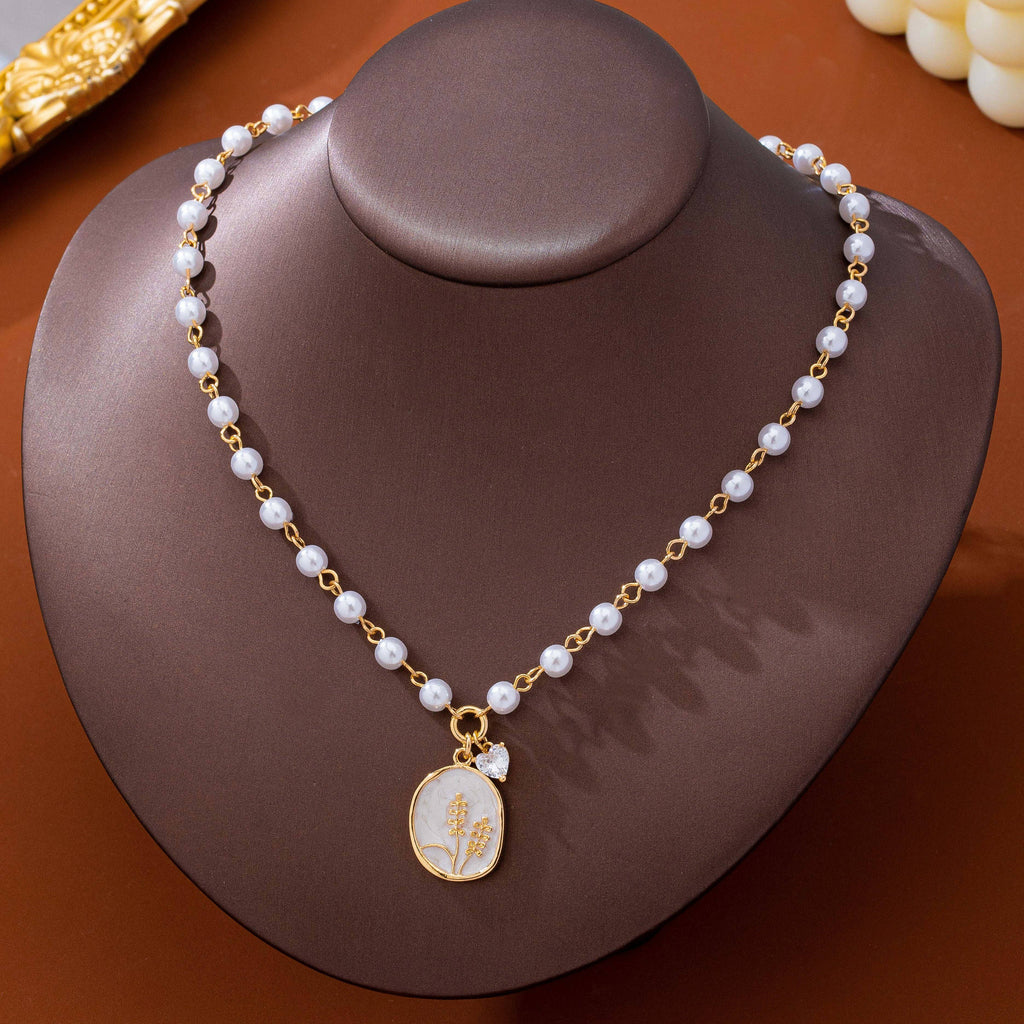 Pearl Chain Floral Oval Enamel Pendant Necklace | 80N93786