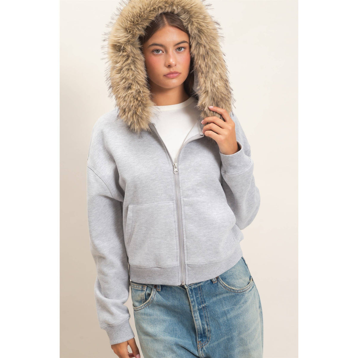 Detachable Fur Zip Up Hoodie